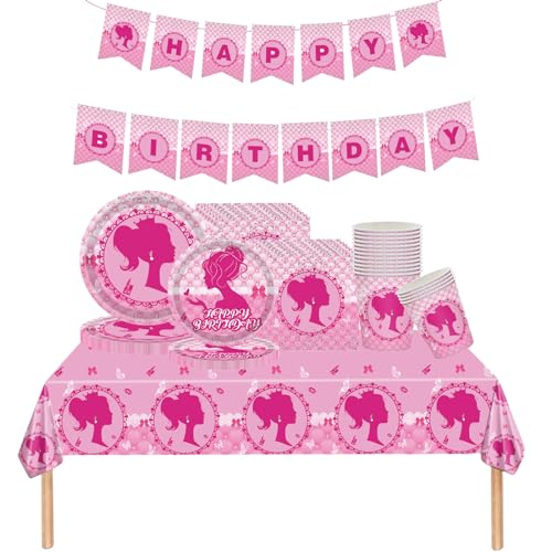 Hotpink Partygeschirr-Set für Mädchen, 70 Stück, rosa Prinzessinnen-Servietten, Teller, Becher, Tischdecke und Banner, Set für Grill, Geburtstag, Babyparty, Hochzeit, Barbie-Mottoparty, von Mienocol