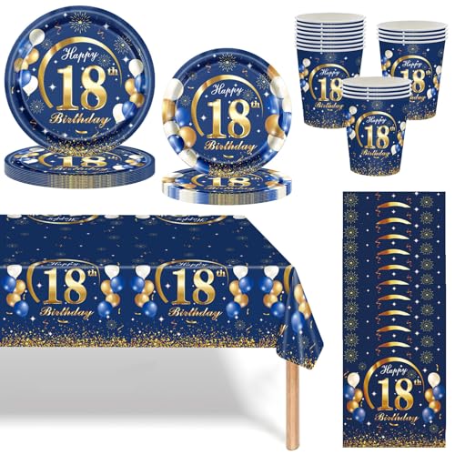 Navy Blau Gold 18 Geburtstag Partygeschirr Set,69 Stück 18.Geburtstag Junge Mädchen Blau Gold Deko Pappteller Becher, Servietten und Tischdecke Set,Tischdeko für 18.Geburtstagsdeko Partys 16 Gäste von Mienocol