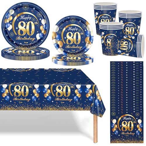 Marineblau-Gold-Geburtstagsgeschirr-Set, Einweg-Geschirrset „Happy Birthday“, Pappteller, Becher, Servietten, Tischdecke und Banner für Geburtstagsgeschenke, Partyzubehör 80 von Mienocol