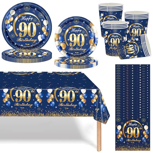 Marineblau-Gold-Geburtstagsgeschirr-Set, Einweg-Geschirrset „Happy Birthday“, Pappteller, Becher, Servietten, Tischdecke und Banner für Geburtstagsgeschenke, Partyzubehör 90th von Mienocol