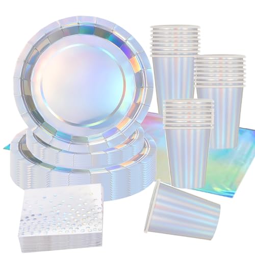 Holographischer Laser Partygeschirr,97 Stück Regenbogen Laser Pappteller Set Pappteller, Pappbecher,Servietten und Tischdecke, Geburtstag Party Geschirr,Tischdekoration für Hochzeitsfeiern von Mienocol