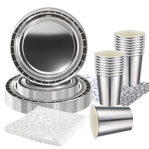 Metall Silber Partygeschirr,69 Stück Folie Silber Pappteller Set Pappteller, Pappbecher,Servietten und Tischdecke,Geburtstag Party Geschirr,Tischdekoration für Weihnachten von Mienocol