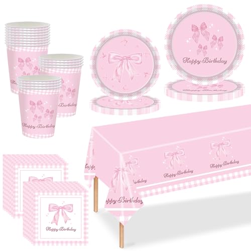 Partygeschirr-Set mit rosa Schleife, 69-teilig, Kokette, Party-Dekorationen, Schleife, Teller, Becher, Servietten und Tischdecke für Mädchen, Junggesellinnenabschied, Braut, Verlobung, Dekoration, Partygeschirr-Set mit rosa Schleife, 69-teilig, Kokette, Party-Dekorationen, Schleife, Teller, Becher, Servietten und Tischdecke für Mädchen, Junggesellinnenabschied, Braut, Verlobung, Dekoration, von Mienocol