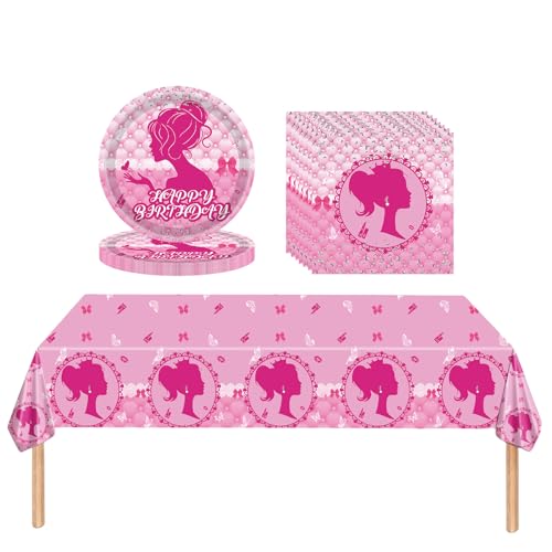 Hotpink Partygeschirr-Set für Mädchen, 37-teilig, rosa Prinzessinnen-Servietten, Pappteller und Tischdecke, Set für Grill, Geburtstag, Babyparty, Hochzeit, Barbie-Mottoparty, von Mienocol
