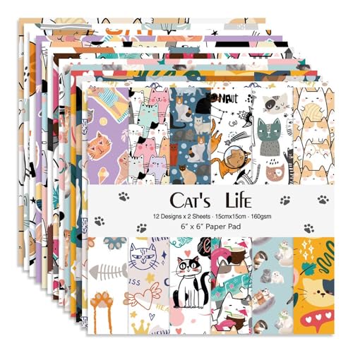 15,2 x 15,2 cm 160 g/m² Karton einseitig Scrapbooking 24 Papierblock Vintage Decoupage Scrapbook Kit gemustertes Papier Junk Journal Supplies Journaling Supply Scrap Paper Crafting. Katzenleben von Mifuner
