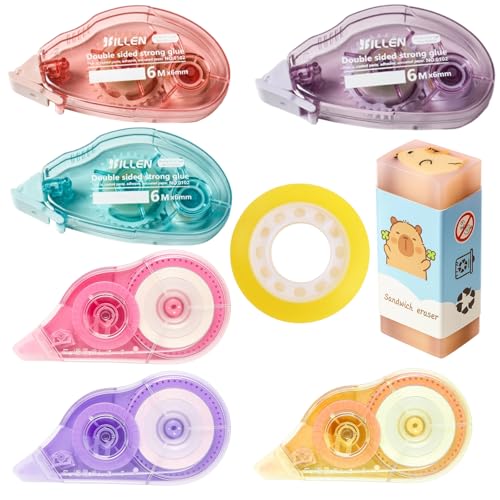 MigWoo 8 Stück Kleberoller Maus Set,6x Doppelseitiger Fotokleber Roller (6mm X 6m/8m) + 1 Radierer + 1 Klebeband,Mit Transparenter Hülle,Journal Zubehör Für Scrapbooking, Fotoalben, Karten Basteln von MigWoo