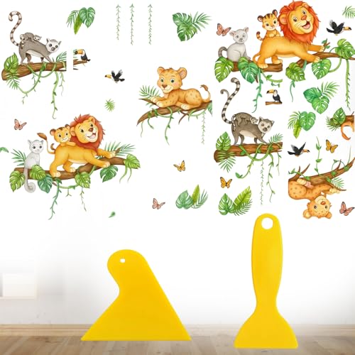Wandtattoo Kinderzimmer Löwe Affe Leopard Baum - Dschungel Tiere Wandaufkleber Für Kinderzimmer Jungen - Selbstklebende Wanddeko - Wandsticker Set 30x90 Cm von MigWoo
