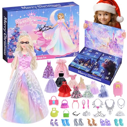 Adventskalender 2025 für Mädchen – Kinder Weihnachtskalender mit 24 Überraschungen, Puppe mit Kleidung & Zubehör, Kreativer Weihnachtskalender Kinder Mädchen von Mignor