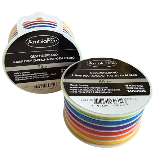 Ambiance Geschenkband Set – 2 Rollen (6×10 m pro Rolle) – 5 mm Breit – 6 fröhliche Farben von Migros