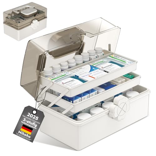 Mihoho 3-stöckige Medizinbox, 3-Regal Hausapotheke, Medikamenten Aufbewahrungsbox, Erste-Hilfe-Box, Medizinkoffer, Sortierbox für Haarschmuck und Kosmetik (weiß) von Mihoho