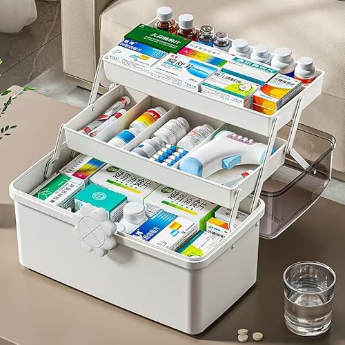 Mihoho 3-stöckige Medizinbox, 3-Regal Hausapotheke, Medikamenten Aufbewahrungsbox, Erste-Hilfe-Box, Medizinkoffer, Sortierbox für Haarschmuck und Kosmetik (weiß A) von Mihoho