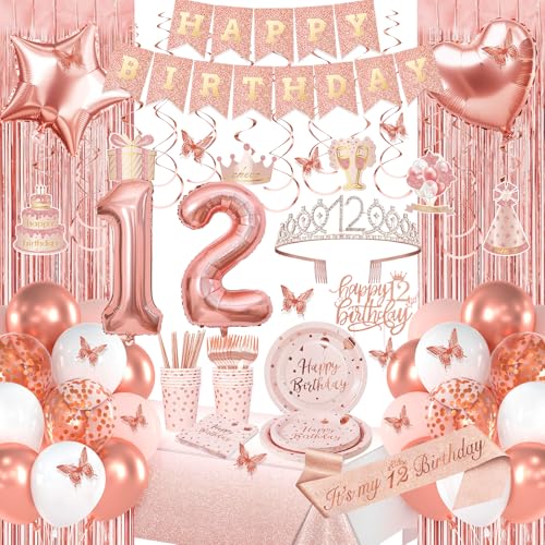 Rose Gold 12 Geburtstag Dekorationen Happy 12 Birthday Dekorationen für Mädchen Geburtstag Party Packs mit Rose Gold Banner Zahl 12 Luftballons Schärpe Krone Tischdecke Geschirr für 10 Gäste Rose Gold 12 Geburtstag Dekorationen Happy 12 Birthday Dekorationen für Mädchen Geburtstag Party Packs mit Rose Gold Banner Zahl 12 Luftballons Schärpe Krone Tischdecke Geschirr für 10 Gäste von Miidenks