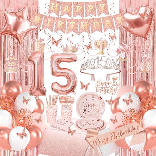 Rose Gold 15 Geburtstag Dekorationen Happy 15 Birthday Dekorationen für Mädchen Geburtstag Party Packs mit Rose Gold Banner Zahl 15 Luftballons Schärpe Krone Tischdecke Geschirr für 10 Gäste Rose Gold 15 Geburtstag Dekorationen Happy 15 Birthday Dekorationen für Mädchen Geburtstag Party Packs mit Rose Gold Banner Zahl 15 Luftballons Schärpe Krone Tischdecke Geschirr für 10 Gäste von Miidenks