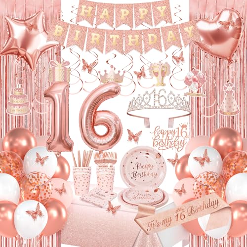 Roségold 16 Geburtstag Dekorationen Happy 16th Birthday Dekorationen für Mädchen Geburtstag Party Packs mit Rose Gold Banner Zahl 16 Luftballons Schärpe Krone Tischdecke Geschirr für 10 Gäste Roségold 16 Geburtstag Dekorationen Happy 16th Birthday Dekorationen für Mädchen Geburtstag Party Packs mit Rose Gold Banner Zahl 16 Luftballons Schärpe Krone Tischdecke Geschirr für 10 Gäste von Miidenks
