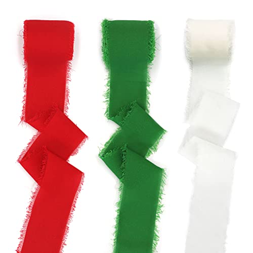 Chiffon Seidenband, Dekoration Geschenkband breit Schleifenband, Rotes Weihnachtsband, Weihnachtsgeschenkband, grünes ausgefranstes Band 4cm*5m, 3 Bände von Miioto