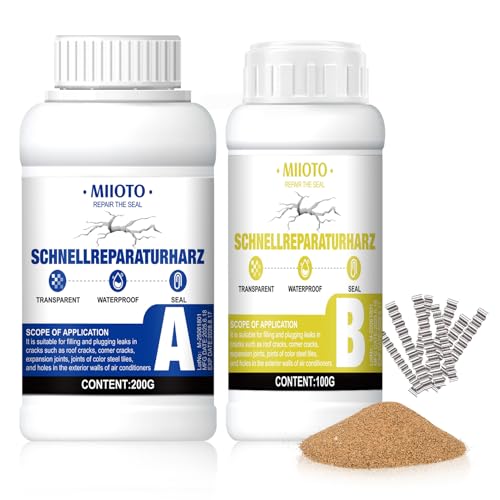 Miioto Estrich Reparatur Set,Epoxidharzmörtel,Schnellreparaturharz | Gießharz 300g Quarzsand 200g Estrichklammern 30 Stück | für Epoxidharz Injektionsharz Vergussmasse Laminierharz zum Risse Verharzen von Miioto