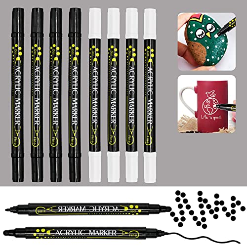 Weiß Schwarz Acrylstifte Dual Tip, 8 Pcs Wasserfest Acrylstifte Marker Stifte, Acrylstifte für Steine Wasserfest, Acryl Marker, Grafti Stife, Acrylic Paint Marker von Miioto