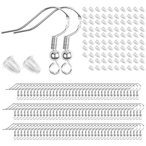 120 Stück Haken Ohrhaken, 925 Sterling Silber Ohrhaken, Ohrring Haken, Hypoallergene Ohrhaken und 120 Stück Durchsichtigen Ohrring Sicherheitsrücken für Ohrringhaken Machen Set von Mikihat