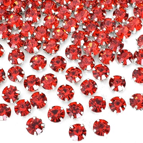 288 Stücke Strasssteine zum Aufnähen Rot 8 mm, Glas Strass zum Nähen Basteln, Silber Krappenfassung mit 8 Löchern zum Nähen, für DIY Kleidung Tasche Handwerk Tisch Party Dekoration von Mikihat