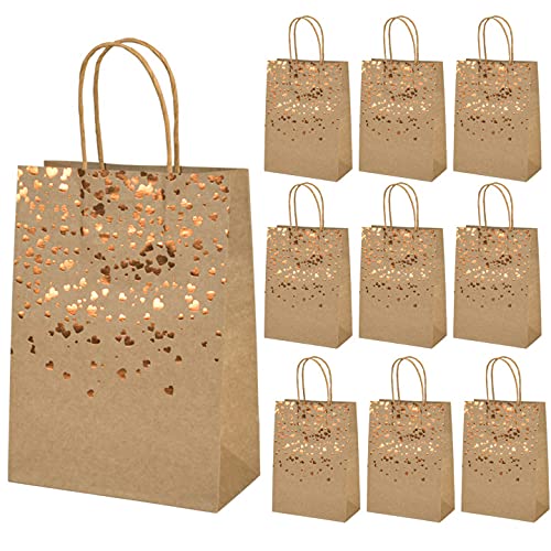 Mikihat 10 Stück Papiertüten mit Henkel，Geschenktüten aus Kraftpapier, Bronzing Kraft Tasche mit Gold Herz Verzierung, Party Geschenk Papiertüten für Partys, Hochzeiten, Feiern, Geschenktüten von Mikihat