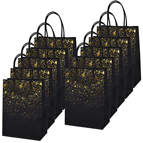 Mikihat 10 Stück Papiertüten mit Henkel，Geschenktüten aus Kraftpapier, Bronzing Kraft Tasche mit Gold Herz Verzierung, Schwarz Party Geschenk Papiertüten für Partys, Hochzeiten, Feiern, Geschenktüten von Mikihat