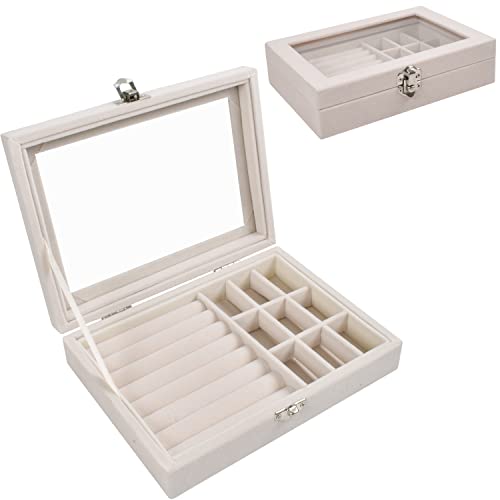 Schmuckkästen mit Glasdeckel, 9 Gitter Schmuckaufbewahrung Schmuckkoffer Damen Schmuckbox Reise, Beflockung Halskette Ohrringe Ring Schmuckschatulle, Transparente Aufbewahrungsbox für Schmuck, Beige Schmuckkästen mit Glasdeckel, 9 Gitter Schmuckaufbewahrung Schmuckkoffer Damen Schmuckbox Reise, Beflockung Halskette Ohrringe Ring Schmuckschatulle, Transparente Aufbewahrungsbox für Schmuck, Beige von Mikihat