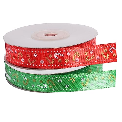 Mikikit 2 Rollen Weihnachtliches Geschenkband mit Cartoon Zuckerstangen Langlebiges Farbechtes Dekoband in Rot und Grün Strapazierfähig für Geschenkverpackung und Weihnachtsdekoration von Mikikit