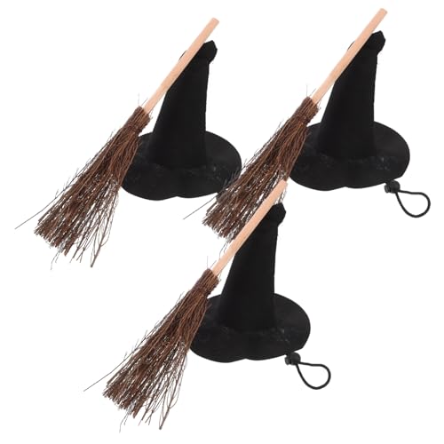 Mikikit 3 Satz Hexenhut Und Besen Hexenbesendekor Halloween-kopfschmuck Verkleiden Bastelzubehör Zaubererhut Und Bart Handwerksbedarf Hexenhut Dekorationen Halloween-besenstiel Stoff von Mikikit