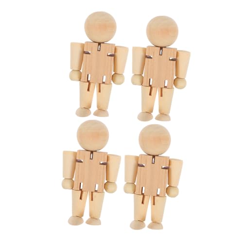 Mikikit 4Stücke Unfertige Holzroboter zum Bemalen Verstellbare Holzfiguren DIY Kunsthandwerk für Kunstprojekte Verschiedene Cartoon Designs von Mikikit