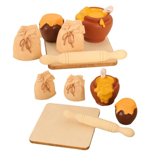 Mikinona 2 Satz Miniatur Puppenhaus Küchenzubehör mit Holz Nudelholz Mini Honigglas und Mehltüte Handgefertigte Harz Holzfiguren für DIY Szenen Puppenhaus Dekoration Rollenspiel von Mikinona