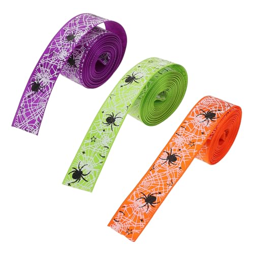 Mikinona 3 Rollen Halloween spinnen netz dekoband Polyester Geschenkband in Orange Grün Lila für Basteln Girlanden Kränze Halloween deko DIY Festtagsdeko von Mikinona