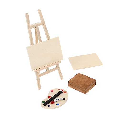 Mikinona 4 Stück Miniature Malset Teilig aus Holz mit Staffelei Zeichenbrett Farbbox und Palette Leichtes Puppenhaus Detailreiche Miniatur Kunstszene für Puppenhaus und von Mikinona
