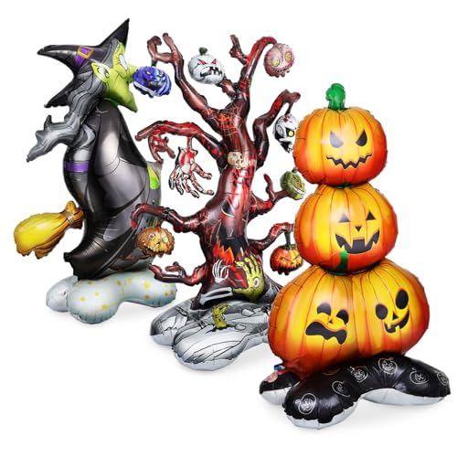 Mikinona Halloween Ballons Teilig mit Kürbisstapel Dürrer Baum und Hexe Bunte Folienballons Halloween Deko für Party Innen und Außenbereich Schnelle Montage Gruselige Festtagsatmosphäre von Mikinona