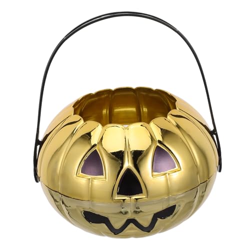 Mikinona Kleiner Halloween Kürbis Süßigkeitenkorb aus Robustem mit Henkel Leichter Tragbarer Candy in Gold für Partydeko und Süßigkeitenaufbewahrung von Mikinona