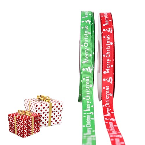 Schleifenband Weihnachten, Geschenkband Weihnachten, Weihnachtsbänder, 1cm Breite Satinband mit Weihnachtsmotiv für Geschenk Weihnachtsbaum Dekoration (25 Yards/Rollen),2 Rollen Grün/Rot von Mikiuly