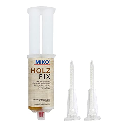 Miko® Holz Fix 2K Holzkleber, Holzleim Reparaturmasse schleifbar, drechselbar, bohrbar, Sekunden-Kleber für die Holzbearbeitung, 25ml, temperaturbeständig von -10 bis +30° Celsius von Miko