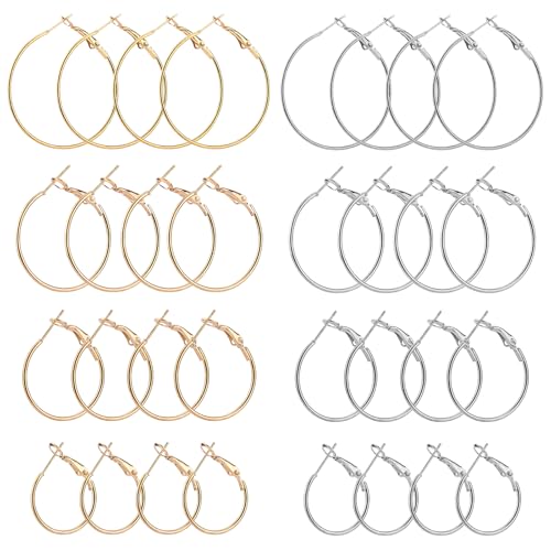 16 Paar Creolen-Zubehör, 20mm 25mm 30mm 40mm Runde Ohrringe Stilvolle Französische Ohrhaken Ohrring-Zubehör für Die Schmuckherstellung DIY-Basteln (Gold, Silber) von Mikovivi