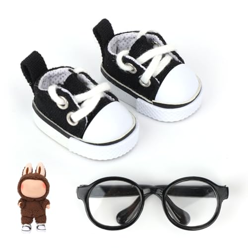 2 Stück Schuhe und Brillen für 17 cm Puppen, Modische Mini-Schnürschuhe aus Canvas und Brillen Süßes Puppen-Outfit-Zubehör (Schwarz) von Mikovivi