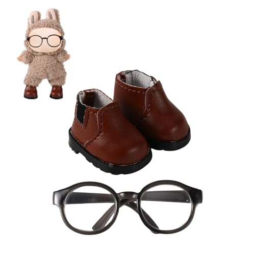 Mikovivi Mini Puppen Brille Satz, Stilvolle Mini Puppen Schuhe und Brillen für 17cm Plüschpuppen Schuh Brillen Dekoration Passend zu Verschiedenen Outfits (Braun) von Mikovivi