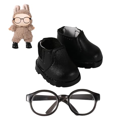 Mikovivi Mini Puppen Brille Satz, Stilvolle Mini Puppen Schuhe und Brillen für 17cm Plüschpuppen Schuh Brillen Dekoration Passend zu Verschiedenen Outfits (Schwarz) von Mikovivi