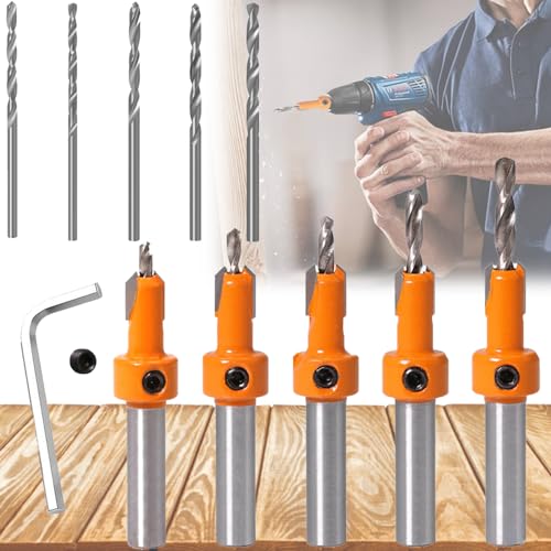Mikqky 10 Stück Senkbohrer Set, Senkbohrer Für Die Holzbearbeitung, Senker Bohrer 8 Mm, Bohrer Mit Senker, Hss Kegelsenker Bit, Mit Fünfteiligem Spiralbohrer-Set, Für Holzbohrungen(2,8/3/3,2/3,5/4mm) von Mikqky