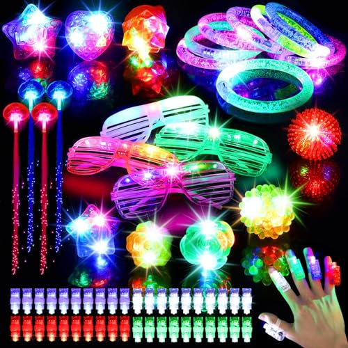Mikulala 64-teiliges LED-Leuchtspielzeug Party-Set - Glow-in-the-Dark Partyaccessoires mit Fingerlichtern(40), LED-Leuchtringen(8), Blinkbrillen(4), Armleuchtern (8) & faseroptischen Haarlichtern(4) von Mikulala