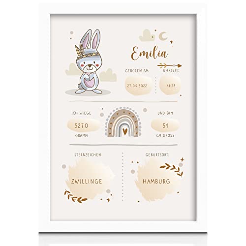 MilaBoo® Personalisiertes Geburtsposter Boho Tiere I Personalisiertes Geschenk zur Geburt I Schönes Kinderzimmer Deko (Ohne Bilderrahmen Beige-Hase) von Milaboo