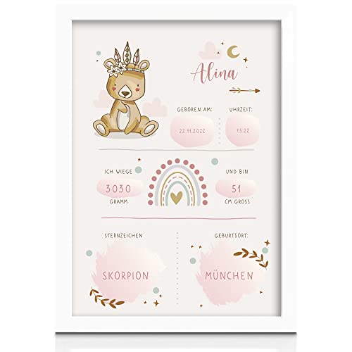 MilaBoo® Personalisiertes Geburtsposter Boho Tiere I Personalisiertes Geschenk zur Geburt I Schönes Kinderzimmer Deko (Ohne Bilderrahmen Rosa-Bär) von Milaboo