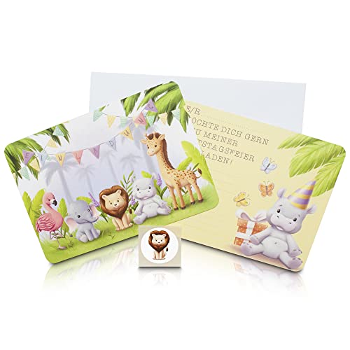 Milaboo® 12er Set Einladungskarten Kindergeburtstag Zootiere mit Premium Umschlägen und Stickern I Geburtstagseinladungen für Kinder I Made in Germany von Milaboo