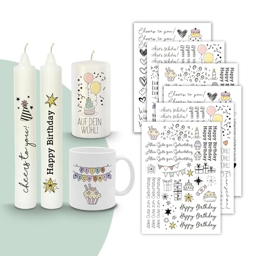 MilaBoo® Kerzentattoos 6x A5 I DIY Aufkleber für besondere Anlässe einfache Anwendung I Wasserschiebefolie für Kerzen I Premium Kerzenaufkleber (Geburtstag-A5) von Milaboo