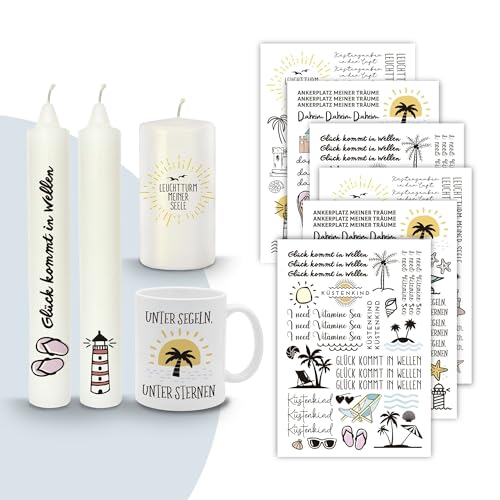 MilaBoo® 6 Stück Kerzentattoos I DIY Aufkleber für besondere Anlässe I Wassertransferdruck I Wasserschiebefolie I Kerzenaufkleber Sticker zur Hochzeit, Geburtstag, Kommunion (Küstenliebe) von Milaboo