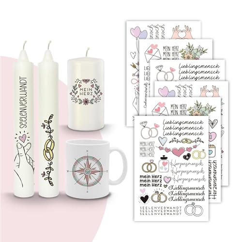 MilaBoo® 6 Stück Kerzentattoos I DIY Aufkleber für besondere Anlässe I Wassertransferdruck I Wasserschiebefolie I Kerzenaufkleber Sticker zur Hochzeit, Geburtstag, Kommunion (Lieblingsmensch) von Milaboo