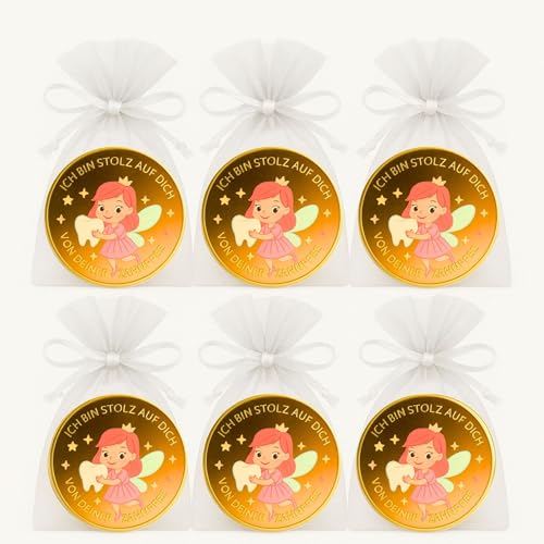 Milaboo® 6er Set Zahnfee Glücksmünze mit Organzasäckchen – Geschenkset für Kinder bei Zahnverlust (Zahnfee Münze Farbe) von Milaboo