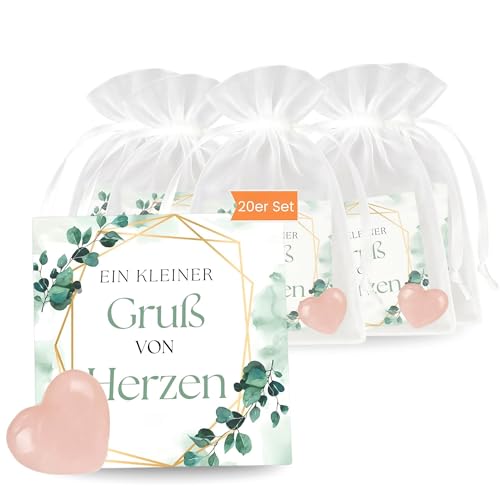 Milaboo® Gastgeschenke Hochzeit – 20er Set „Ein kleiner Gruß von Herzen“ mit Rosenquarz Herzstein – Schön dass du da bist Gastgeschenk (ein kleiner Gruß von Herzen) von Milaboo